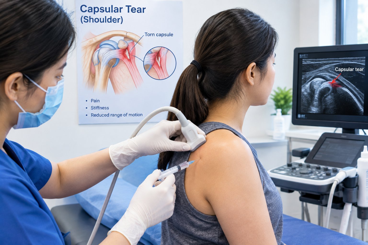 Ultrasound-guided shoulder capsular tear treatment at MM Care