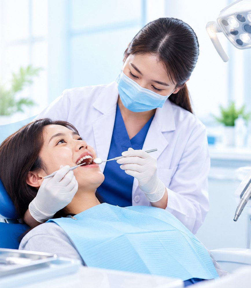 MM Care dentist examining a smiling patient in the dental chair