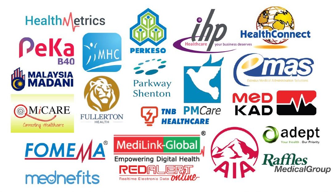 Panel and insurer logos accepted at Klinik MM Care Kulai