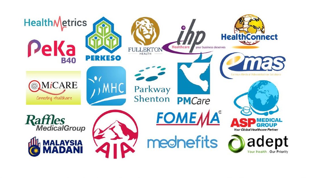 Panel and insurer logos accepted at Klinik MM Care Pelangi Indah